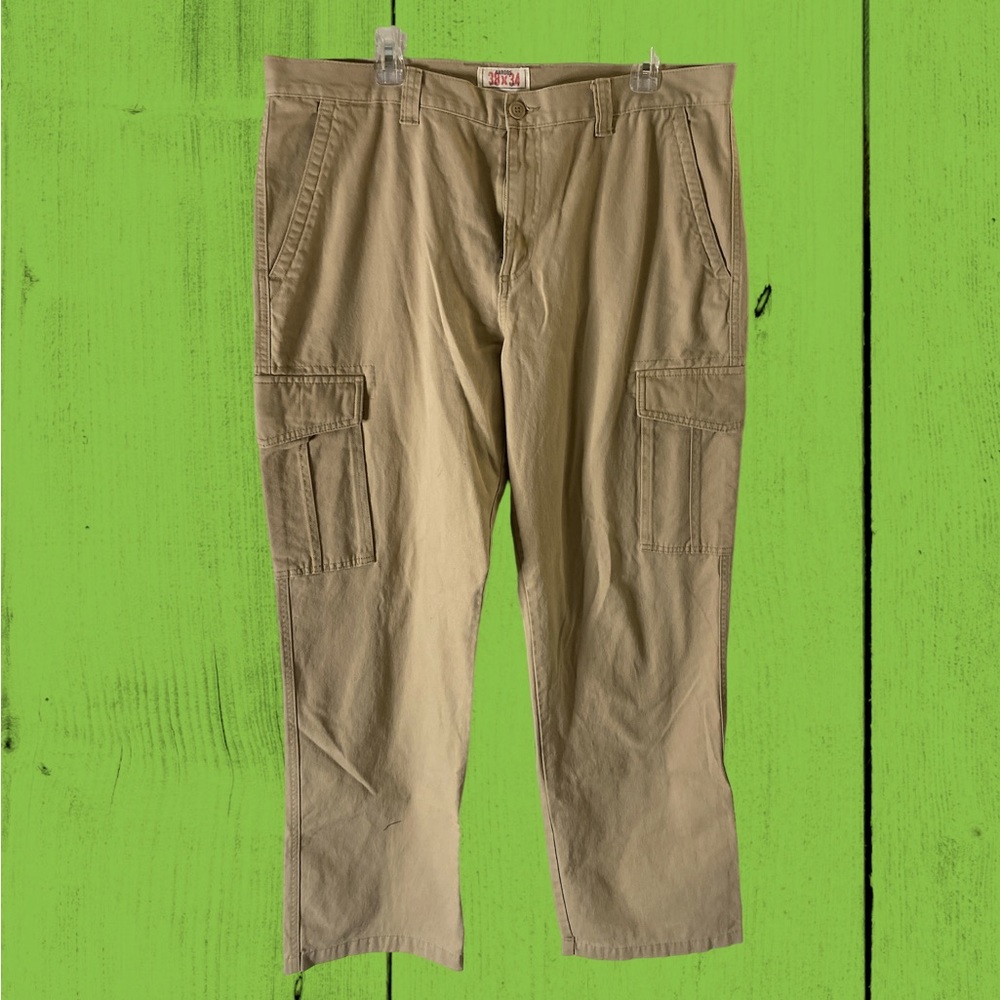 Old Navy Men Sz 38-34 Pants Beige Cargo Chinos Cotton Straight Baggy Leg